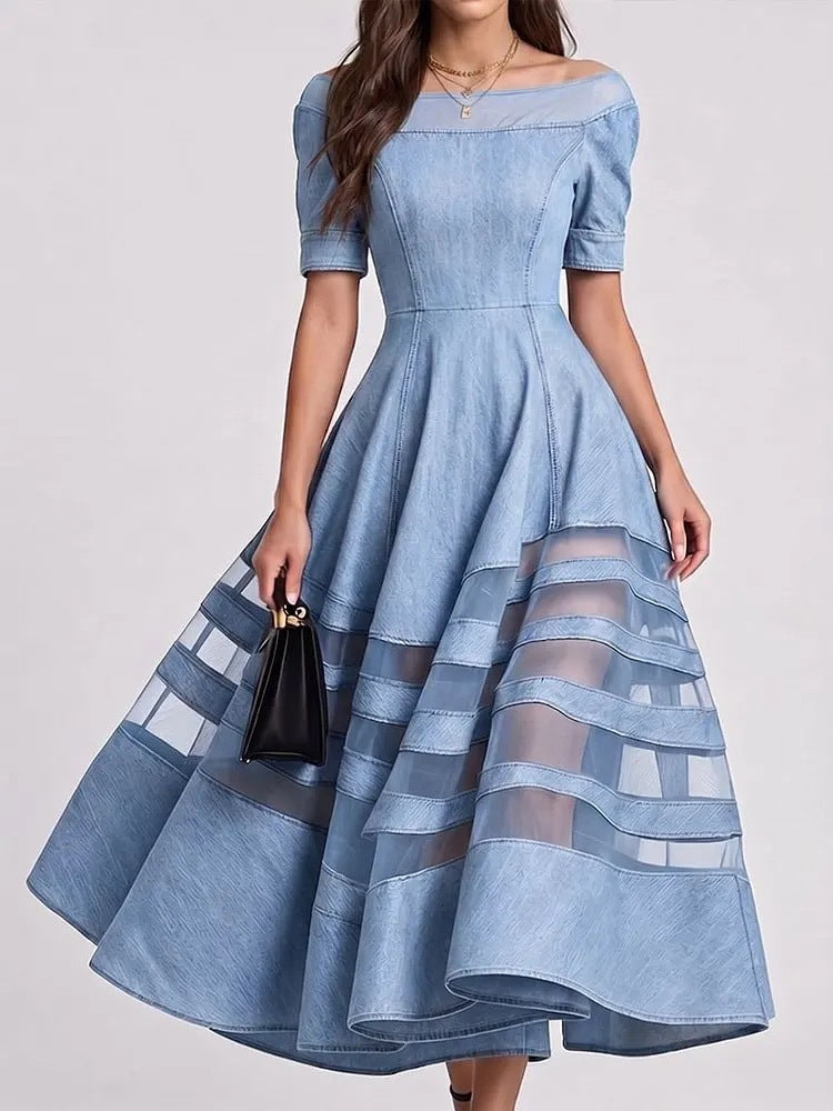 Women Off Shoulder Sheer Mesh Striped Spliced Denim Swing Midi Dress