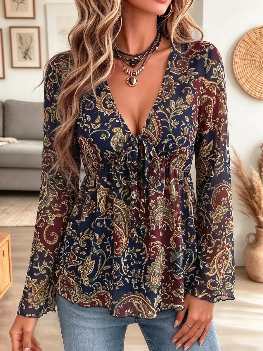 Retro Ethnic Floral Pattern Art Print Casual Stylish Long Sleeve Mesh V Collar Shirt