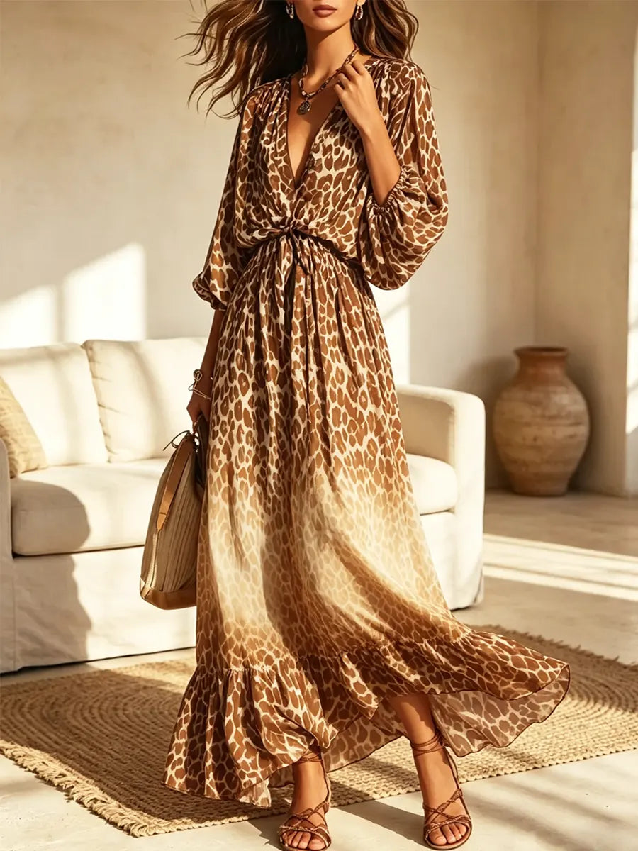 Retro Leopard Pattern Art Print Casual Stylish Cotton Long Dress