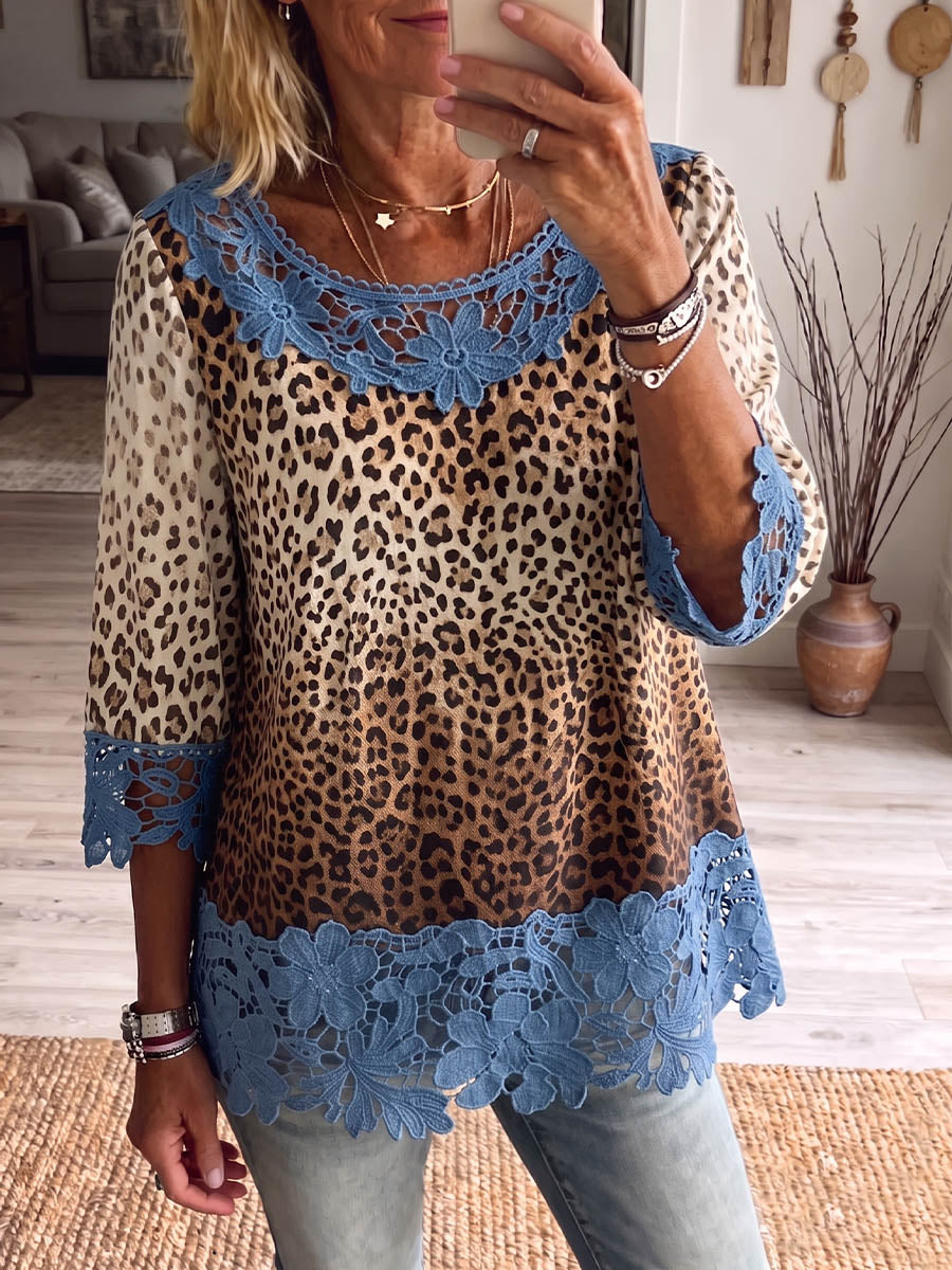 Vintage Elegant Pattern Print Patchwork Hollowed Out Lace Shirt