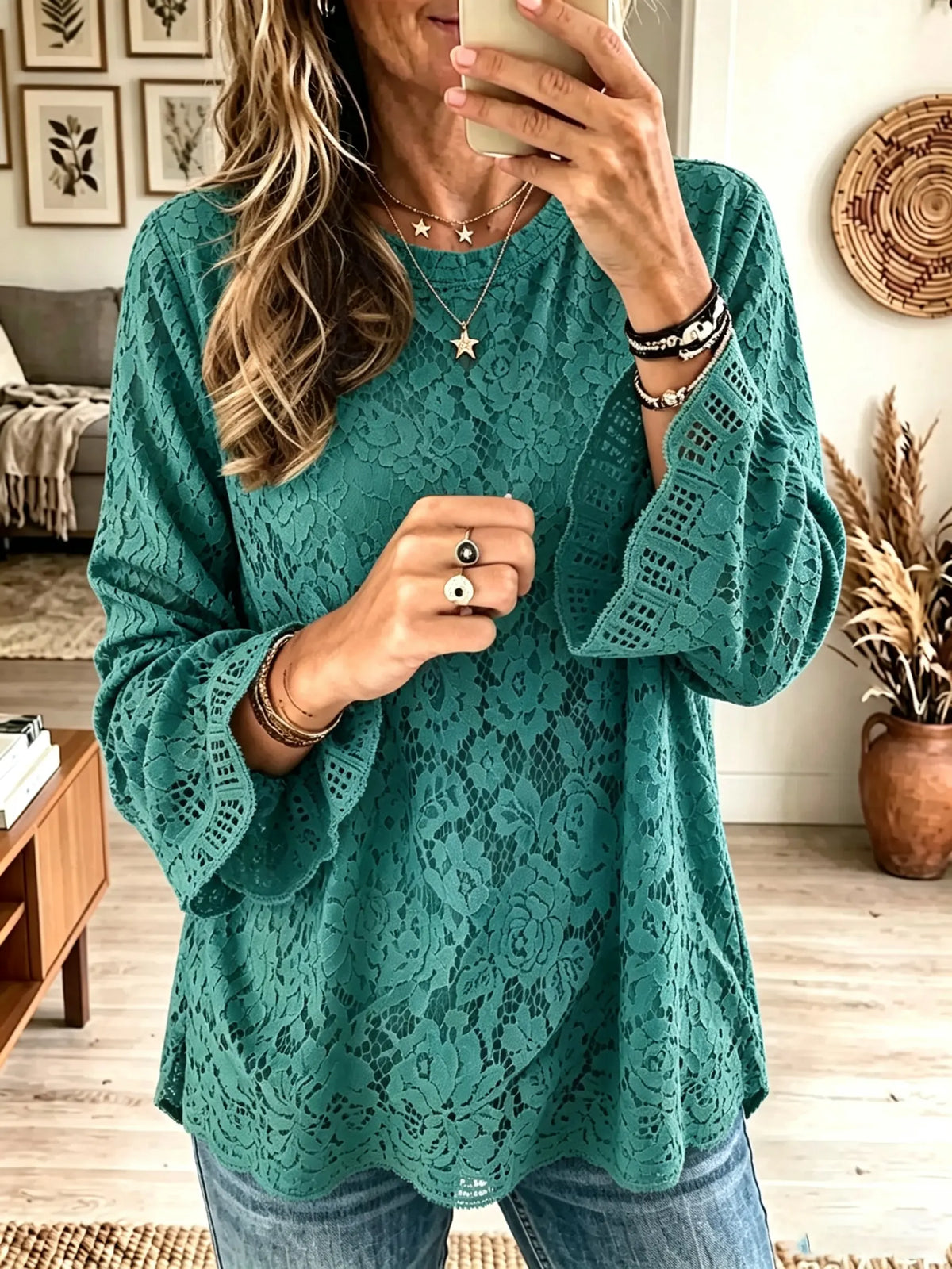 Women's Floral Crochet Lace Bell Sleeve Blouse