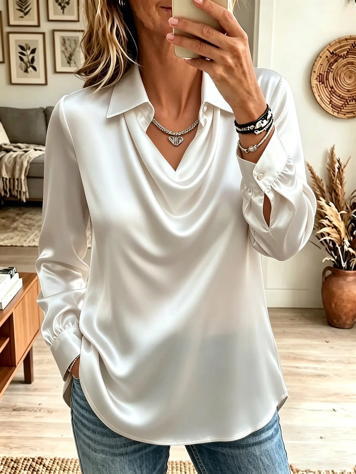 Women's Cowl Neck Collared Satin Blouse