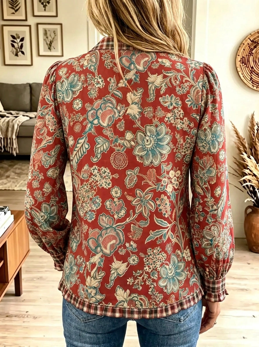 Women's Floral Plaid Contrast Ruffle Collar Blouse