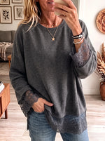 Women's Floral Lace Spliced Hem Pullover - Casual Loose Crewneck Sweatshirt Top