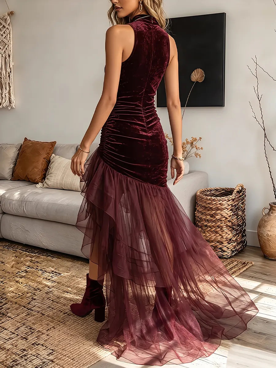 Vintage Elegant Velvet Patchwork Sheer Mesh Dress