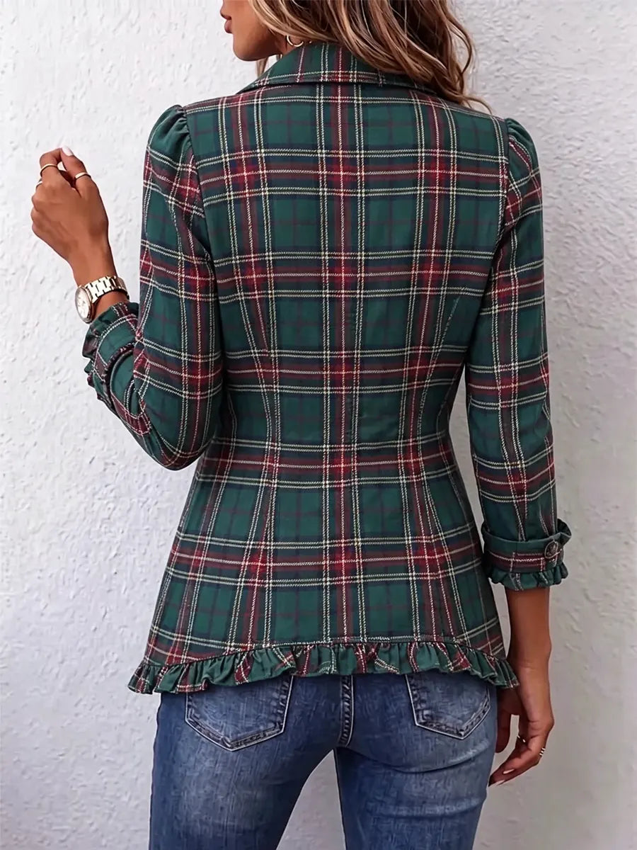 Retro Plaid Pattern Art Print Ruffle Casual Stylish Cotton Lapel Coat
