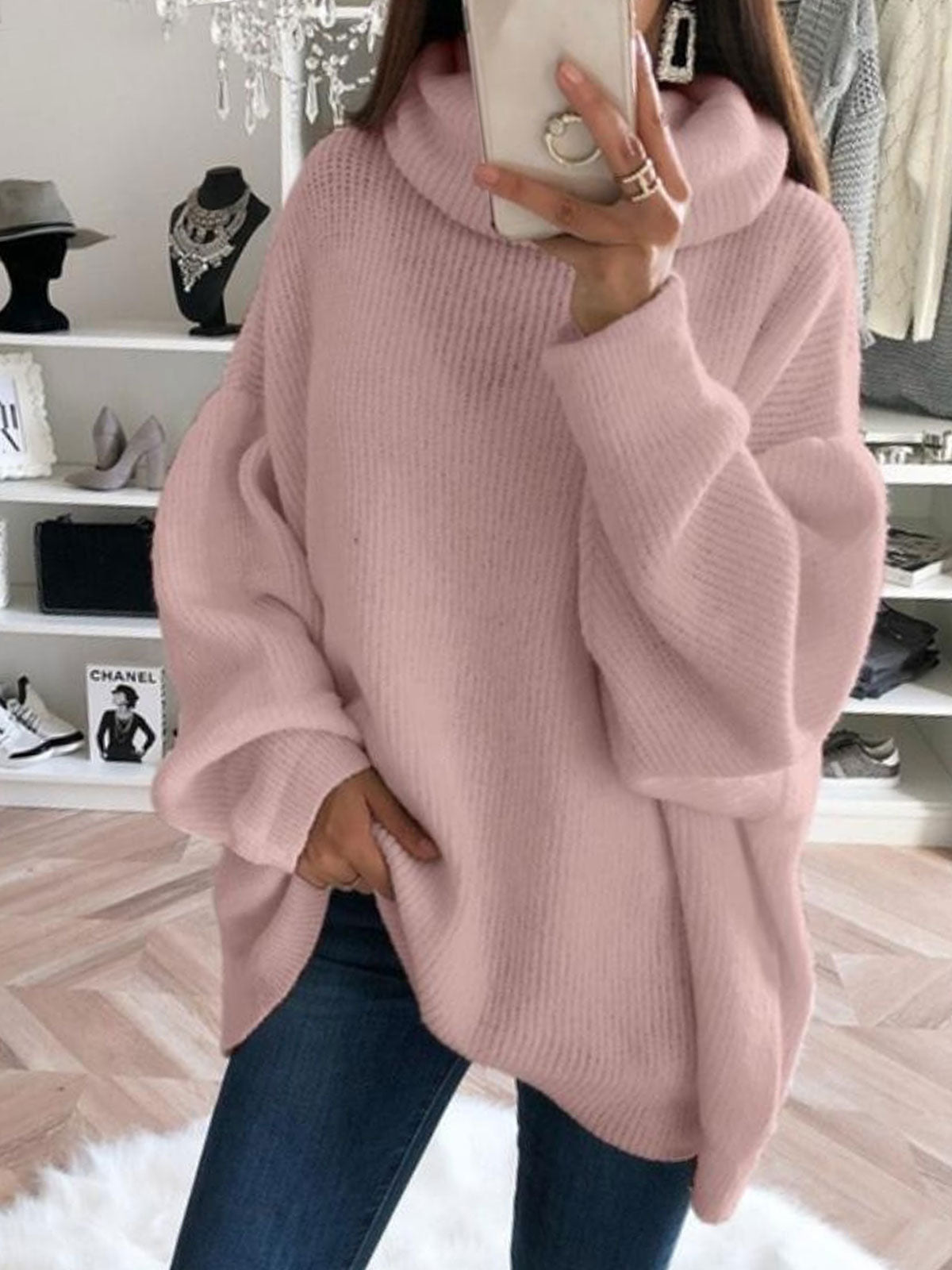 Women Oversized Turtleneck Ribbed Knit Slit Hem Sweater