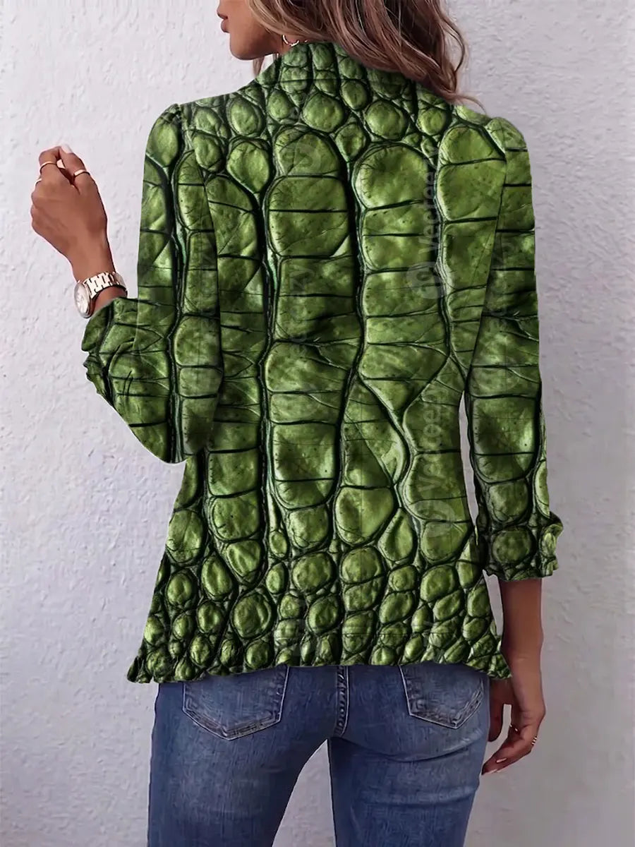 Retro Crocodile Pattern Art Print Ruffle Casual Stylish Cotton Lapel Coat