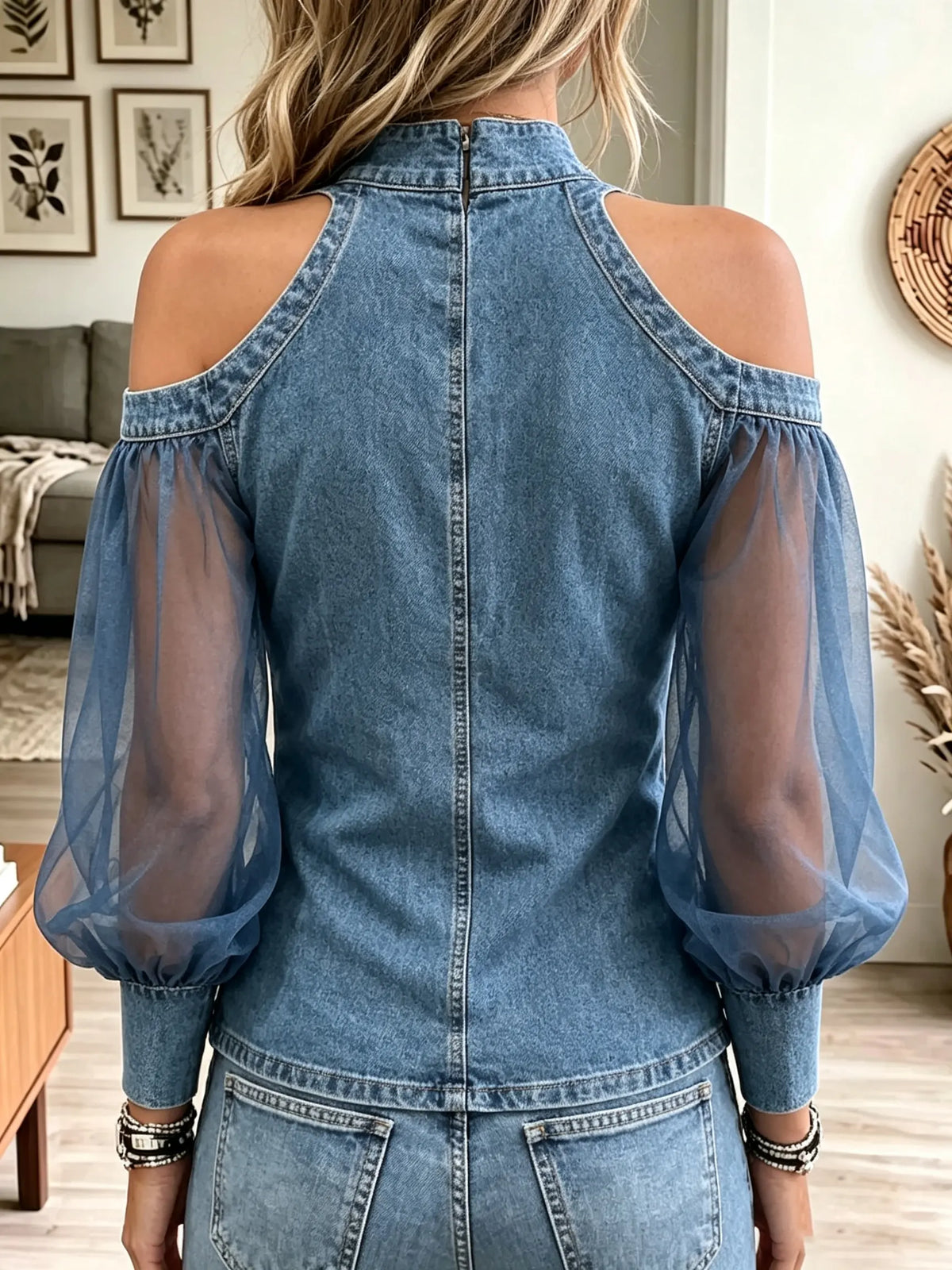 Women's Cold-Shoulder Sheer Sleeve Denim Top