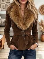 Women's Faux Fur Collar Belted Suede Coat