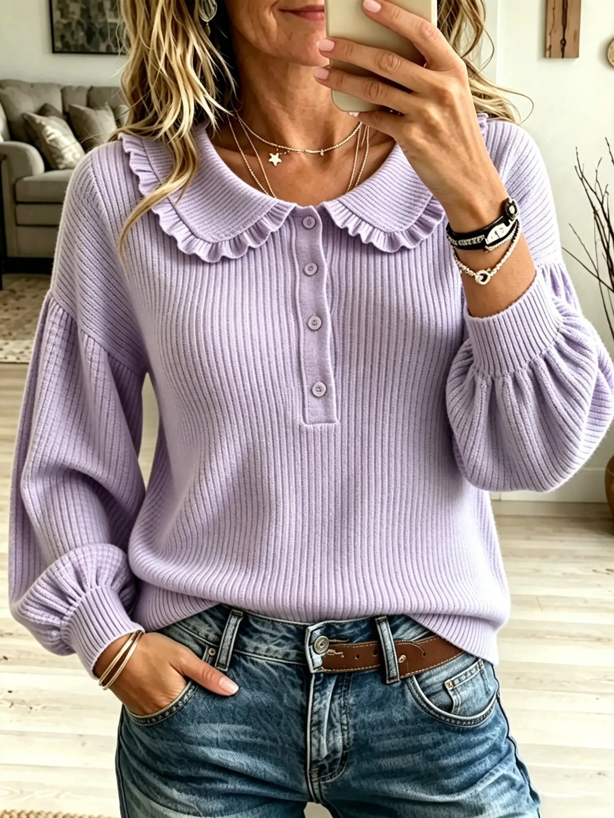 Women's Ruffled Collar Ribbed Knit Sweater