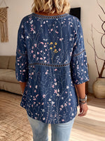 Women's Lace Hollow Out Wildflower Print 3/4 Sleeve Loose Blouse