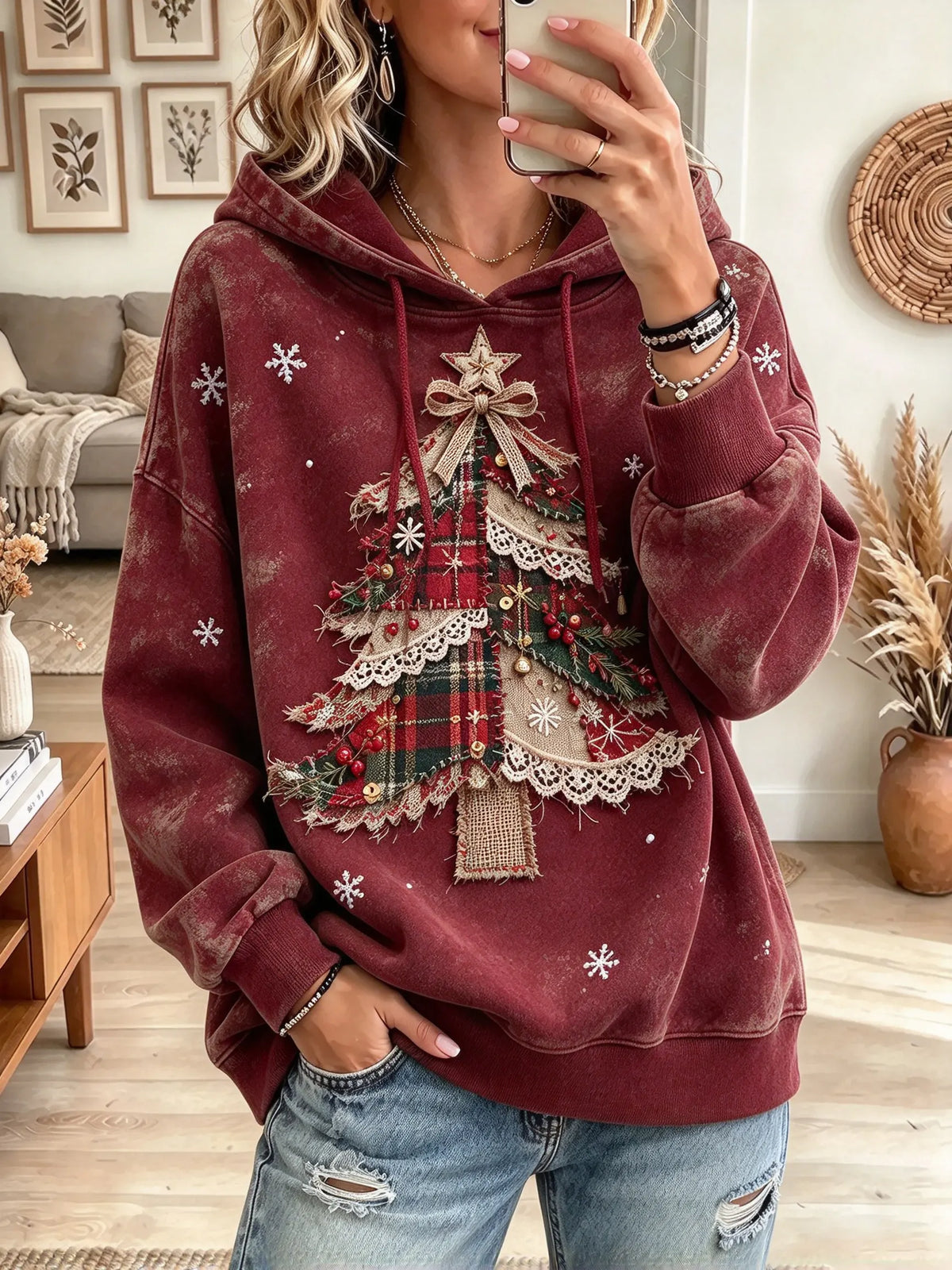 Women's Plaid Tree Lace Patchwork Print Hoodie