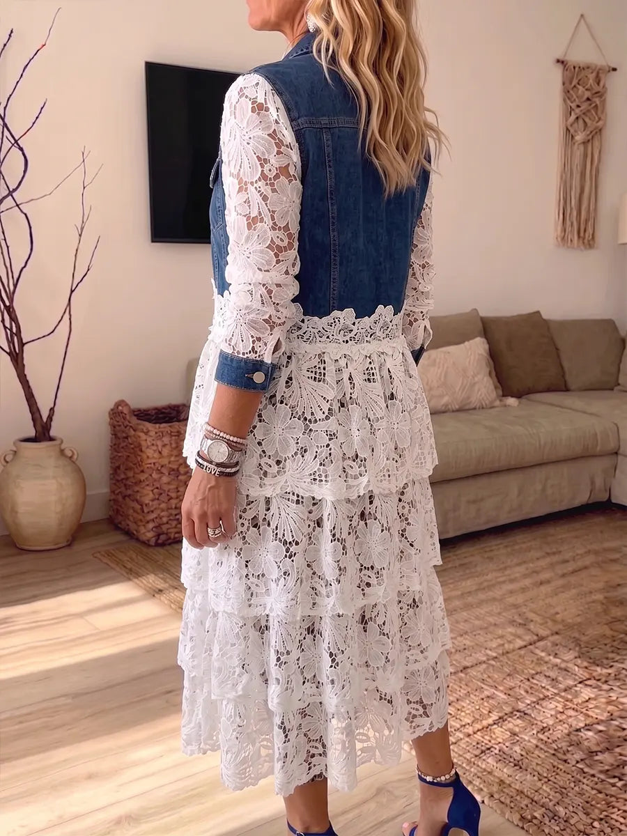 Vintage Elegant Denim Patchwork Hollowed Out Lace Jacket