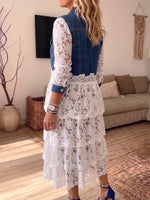 Vintage Elegant Denim Patchwork Hollowed Out Lace Jacket
