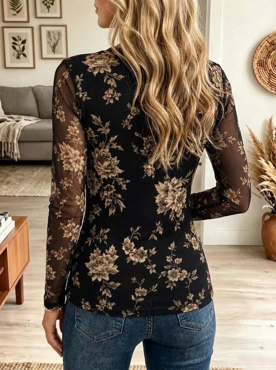 Women's Floral Print Sheer Sleeve Henley Top