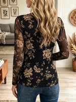 Women's Floral Print Sheer Sleeve Henley Top