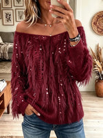 Women's Off-the-Shoulder Feather Sequin Knit Sweater