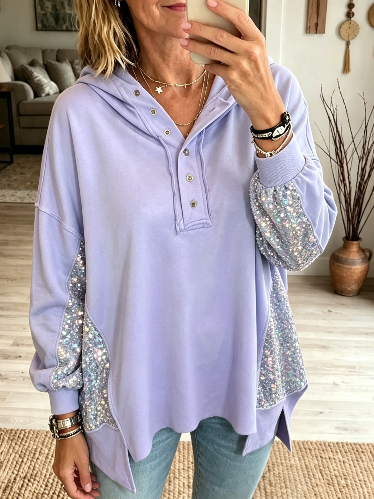 Women's Sequin Accent Button-Up Hoodie