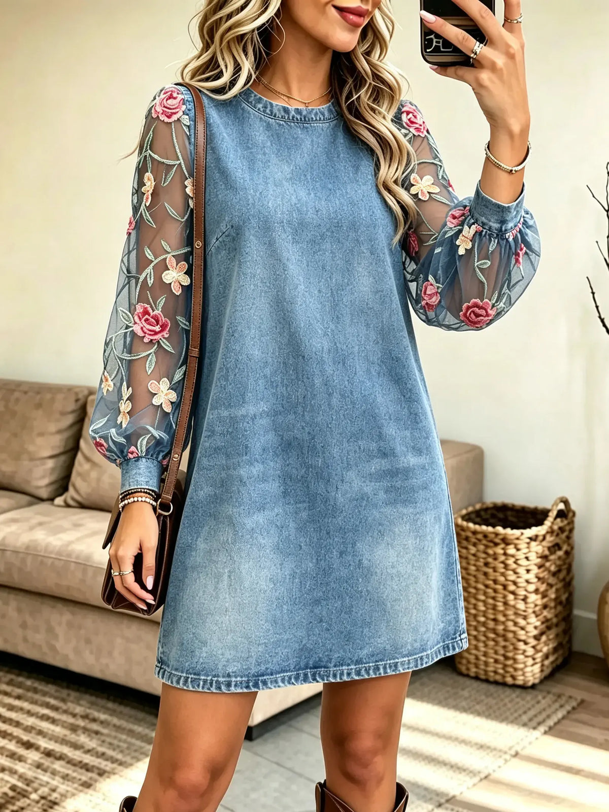 Women's Sheer Floral Embroidered Sleeve Denim Dress