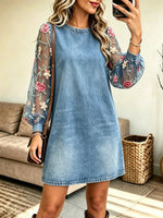 Women's Sheer Floral Embroidered Sleeve Denim Dress