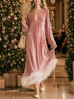Vintage Chic Velvet V-neck Art Casual Stylish Long Sleeve Midi Dress
