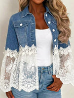 Retro Floral Lace Patchwork Casual Stylish Long Sleeve Denim Lapel Coat