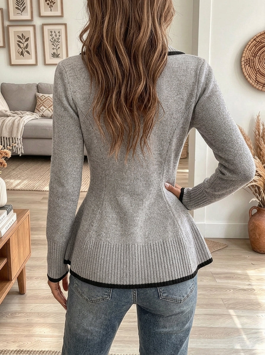 Women's Grey Shawl Collar Knit Cardigan with Contrast Trim and Asymmetric Buttons