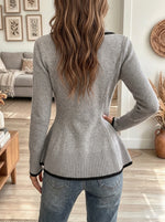 Women's Grey Shawl Collar Knit Cardigan with Contrast Trim and Asymmetric Buttons