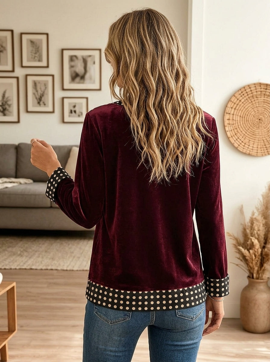 Women Burgundy Velvet Polka Dot Splice V Neck Long Sleeve Blouse