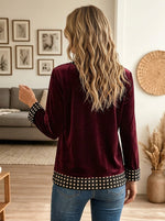Women Burgundy Velvet Polka Dot Splice V Neck Long Sleeve Blouse