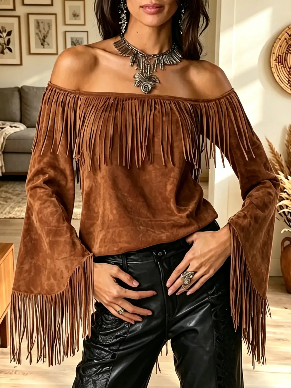 Women's Off-the-Shoulder Fringe Bell Sleeve Suede Top