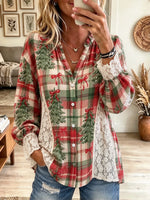 Women's Christmas Tree Print Lace Trim Blouse