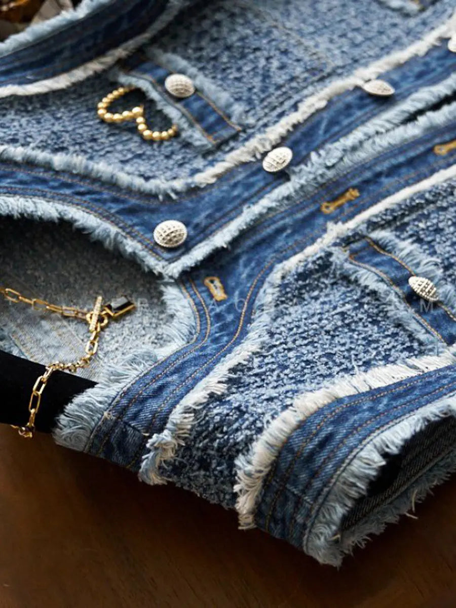 Retro Elegant Chic Denim Patchwork Art Casual Stylish Vest Coat