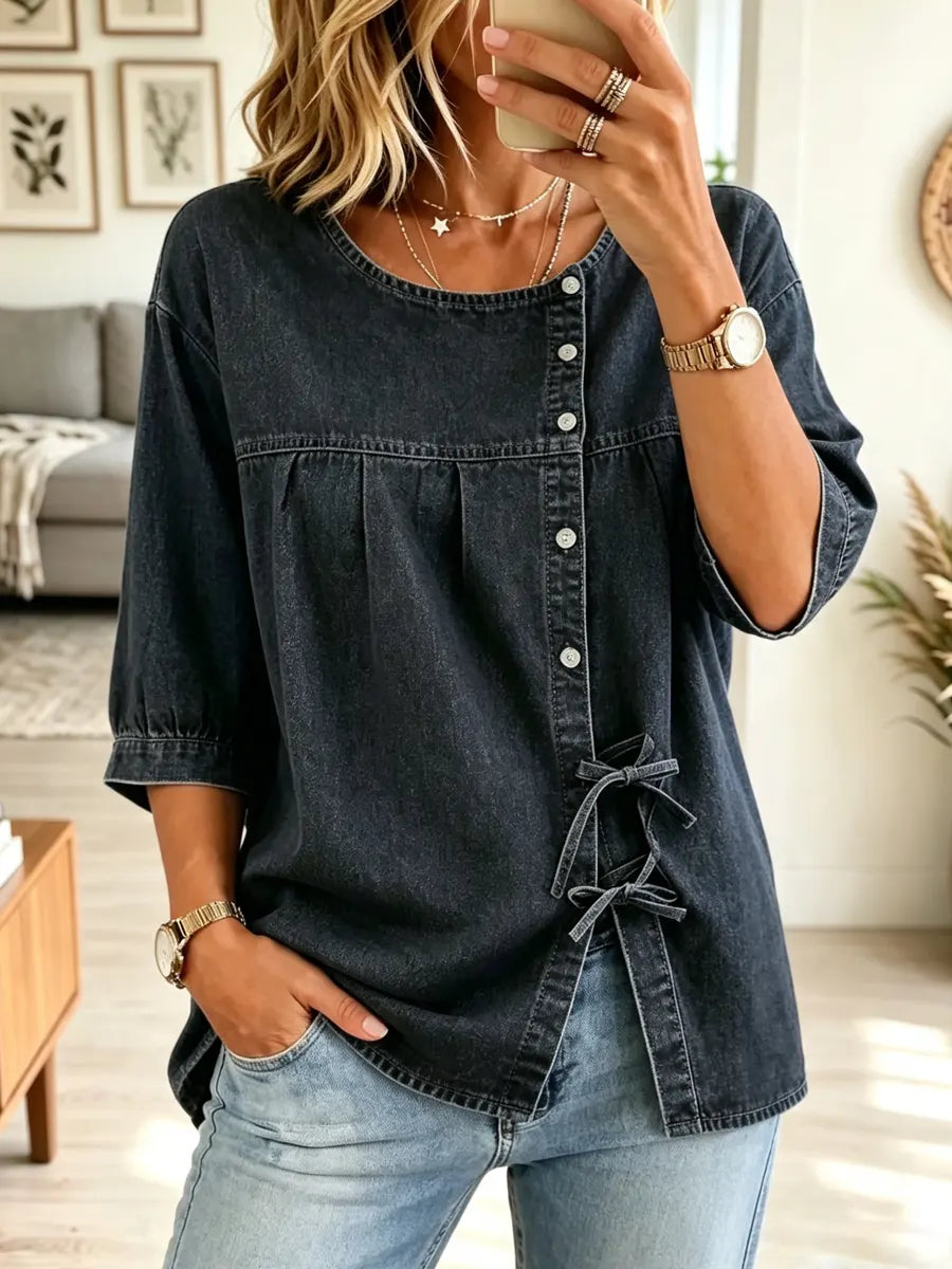 Retro Round Neck Art Button Casual Stylish 3/4 Sleeve Denim Shirt
