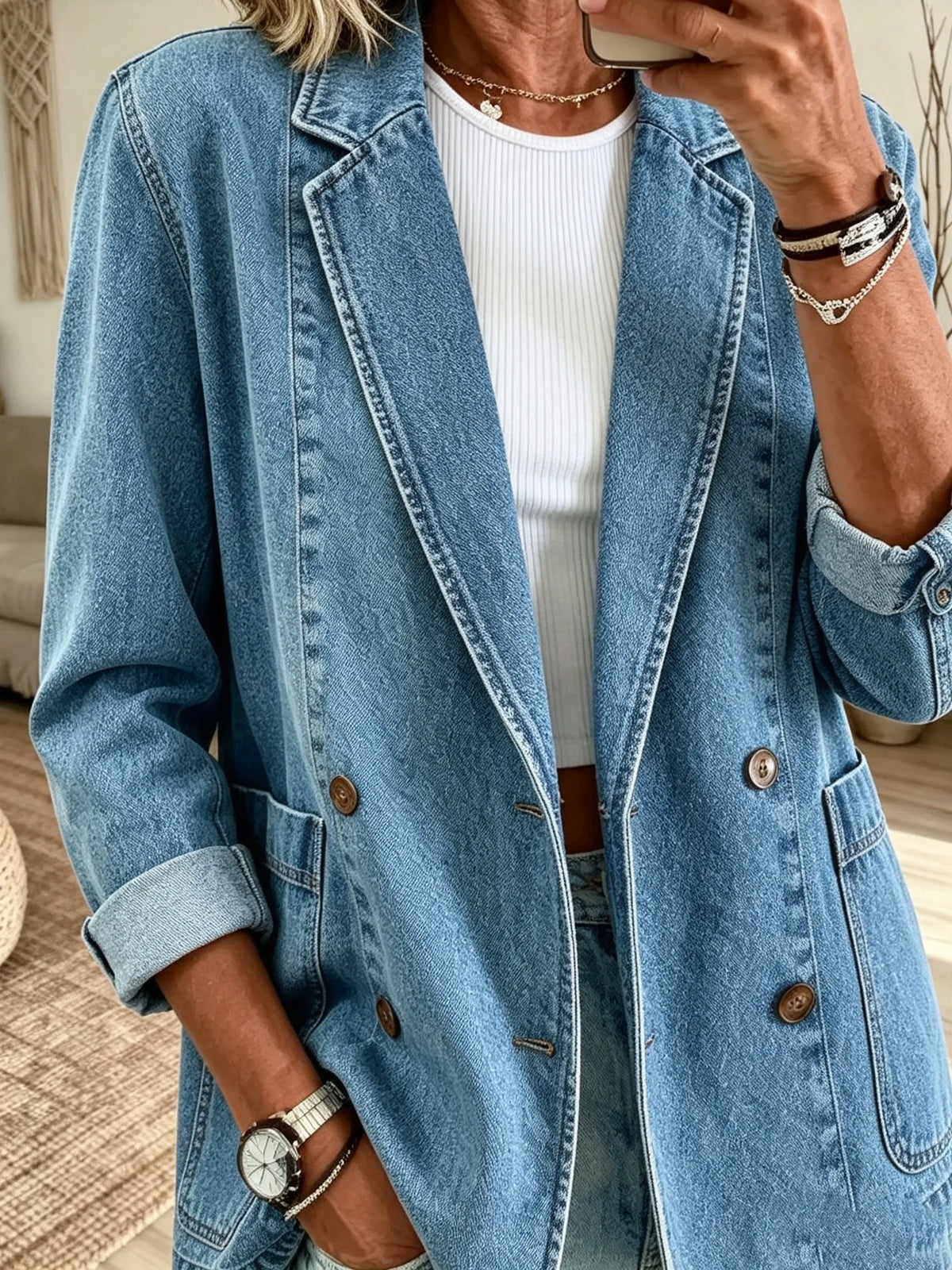 Women's Solid Wash Denim Blazer Jacket
