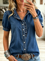 Women's Ruffle Detail Puff Sleeve Denim Shirt