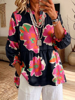 Vintage Elegant Ruffled Floral Patterned Shirt