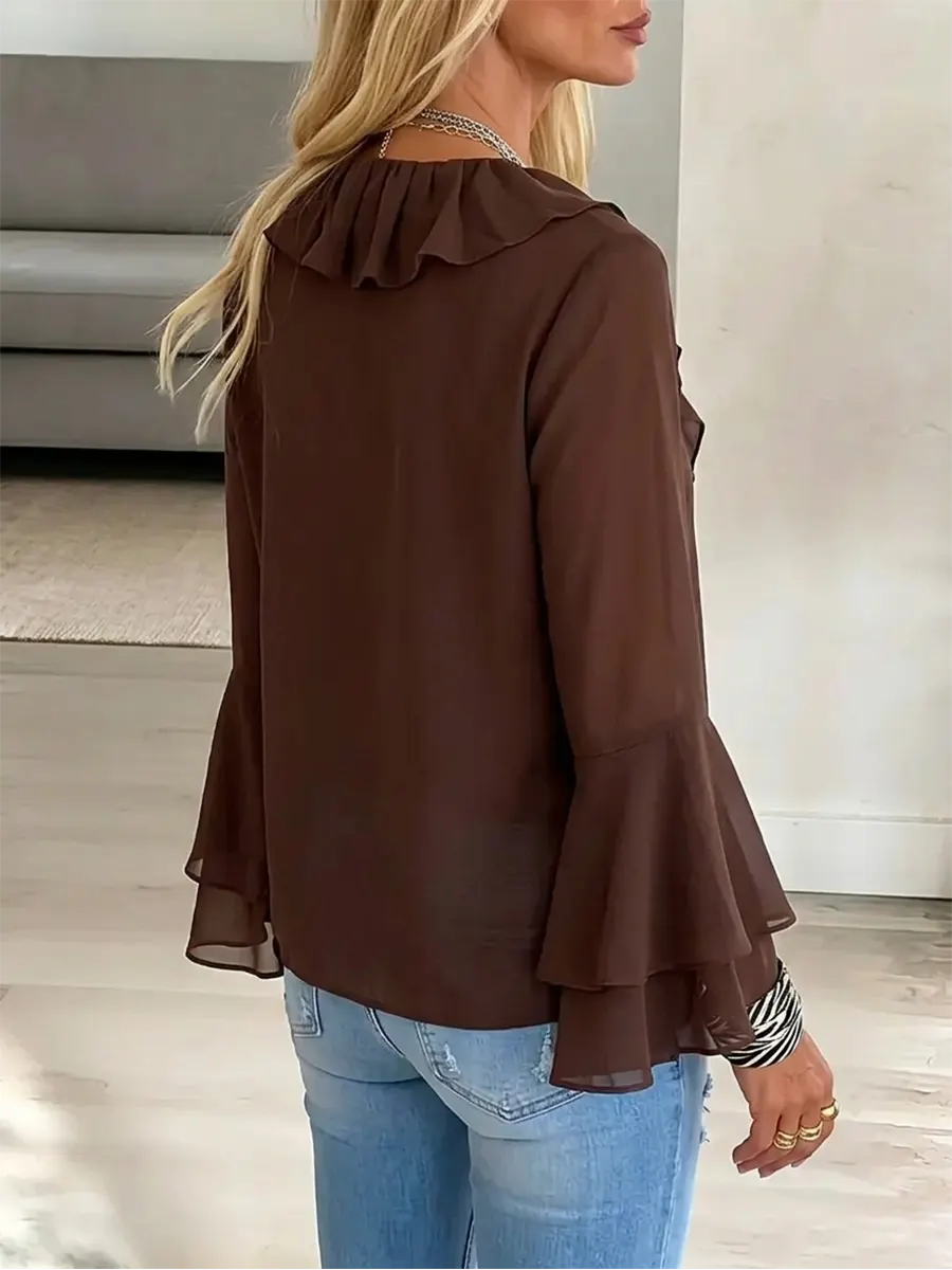 Vintage Elegant Chiffon Bell Sleeve Ruffle Shirt