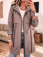 Women Hooded Drawstring Waist Trench Rain Jacket, Plaid Lined Zip‑Up Mid‑Length Windbreaker