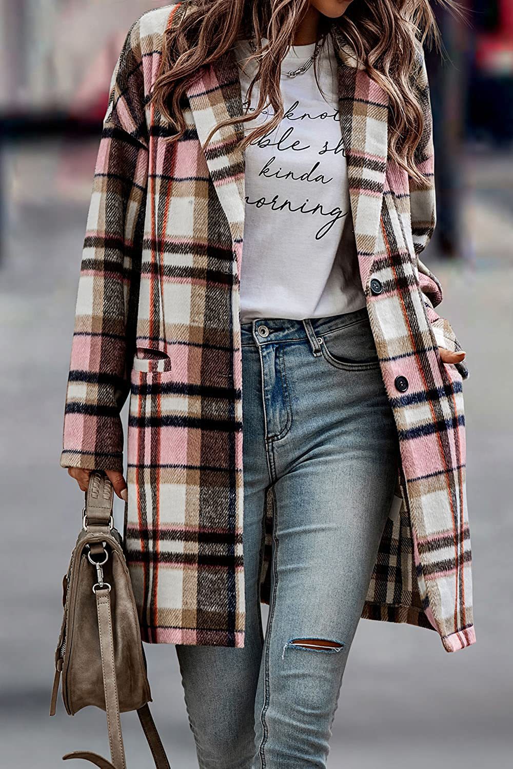 Women Plaid Notched Lapel Mid‑Length Wool Blend Coat, Casual Button Down Oversized Outerwear