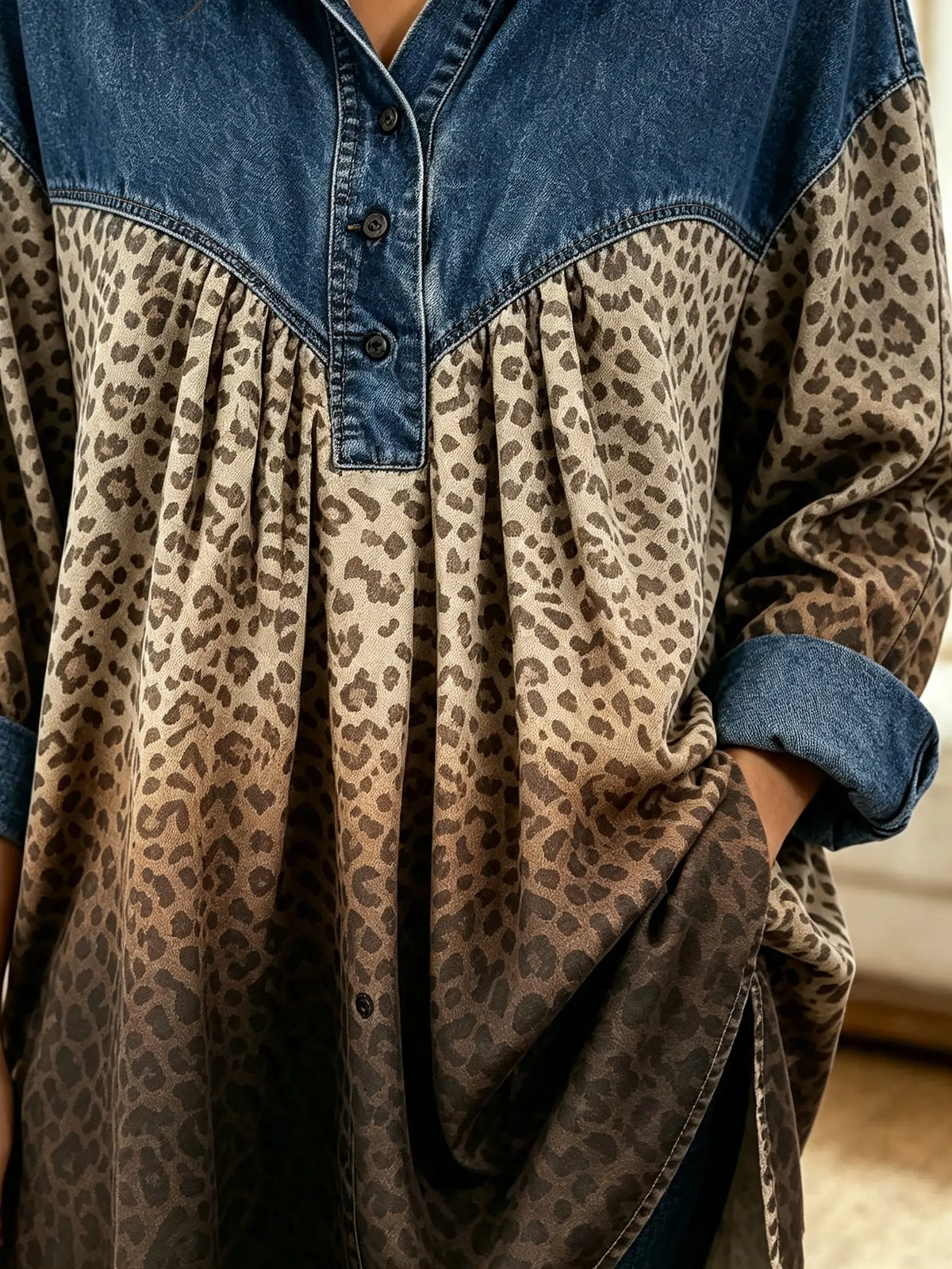 Women's Ombre Leopard Denim Yoke Top
