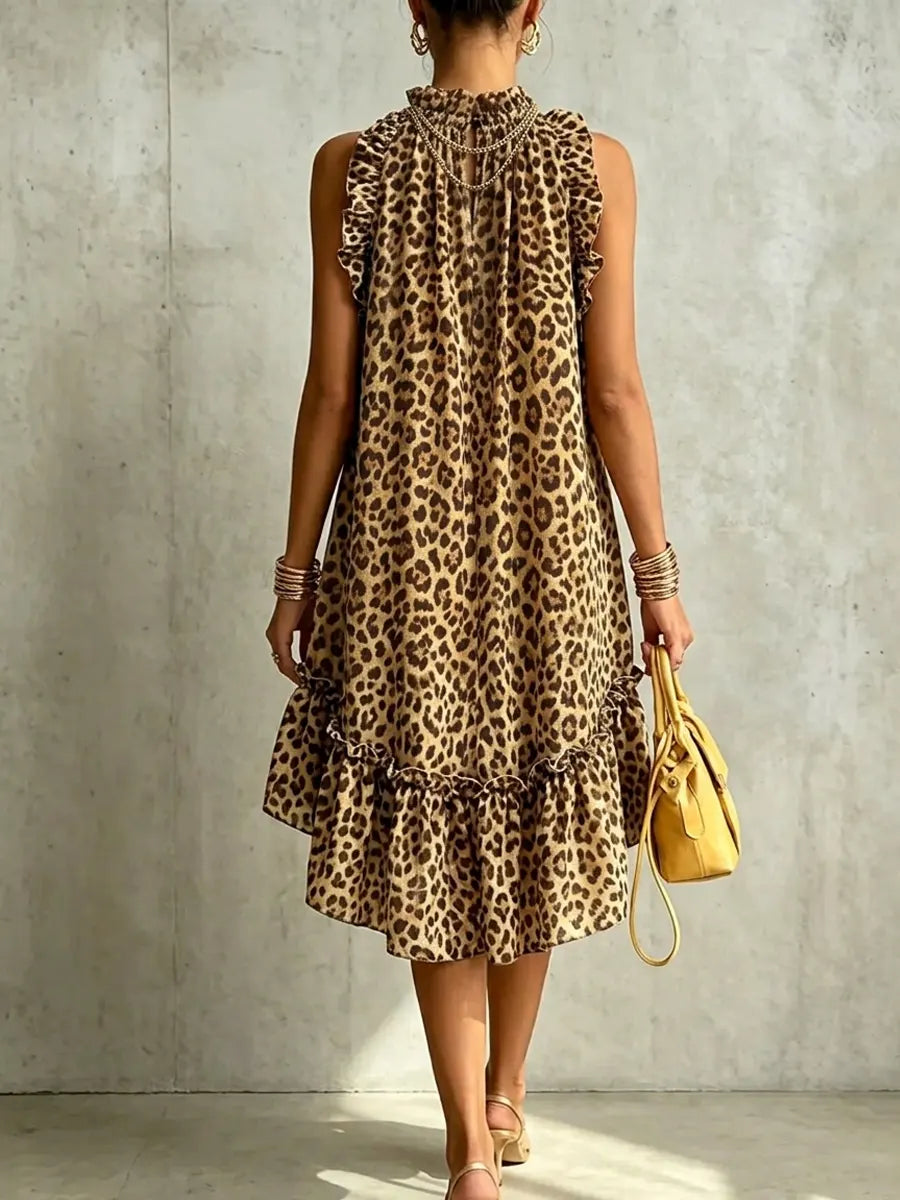 Retro Leopard Pattern Art Casual Ruffle Stylish Cotton Linen Dress