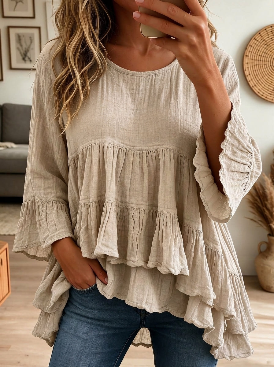 Women Blue Cotton Linen Tiered Ruffle Bell Sleeve Loose Babydoll Blouse