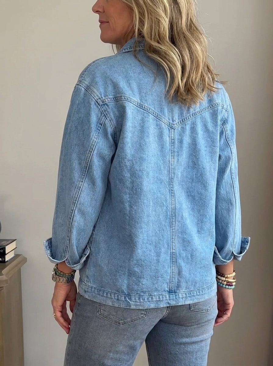 Women Loose Washed Denim Jacket Collared Long Sleeve Casual Outerwear With Pockets