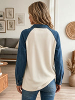 Women Waffle Knit Denim Splice Raglan Long Sleeve Henley Blouse