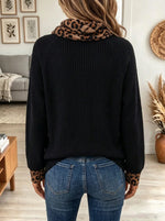 Women's Leopard Collar Trim Ribbed Sweater