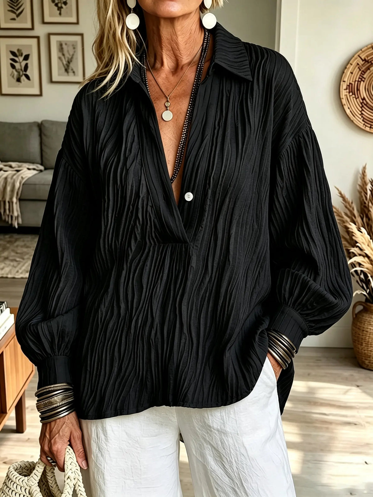 Women's Crinkle Pleated Deep V-Neck Blouse
