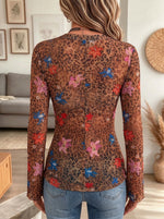 Leopard Floral Print Mesh V Neck Flare Sleeve Top