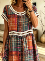 Women's Vintage Plaid Floral Mixed Print Short Sleeve Midi Dress